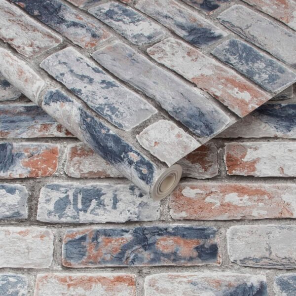 WALLPAPER PAPIER DISTRESSED BRICK NAVY RED 108596